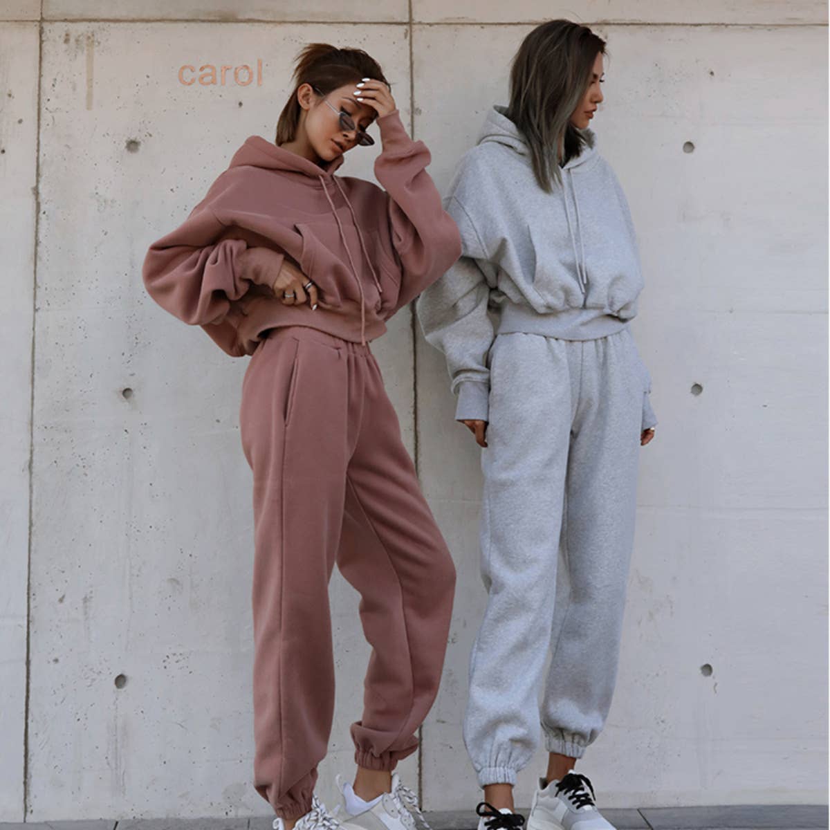 Sweetkama Ladies Solid Color Top and Pant Hoodie Daily Set: S / Light Grey