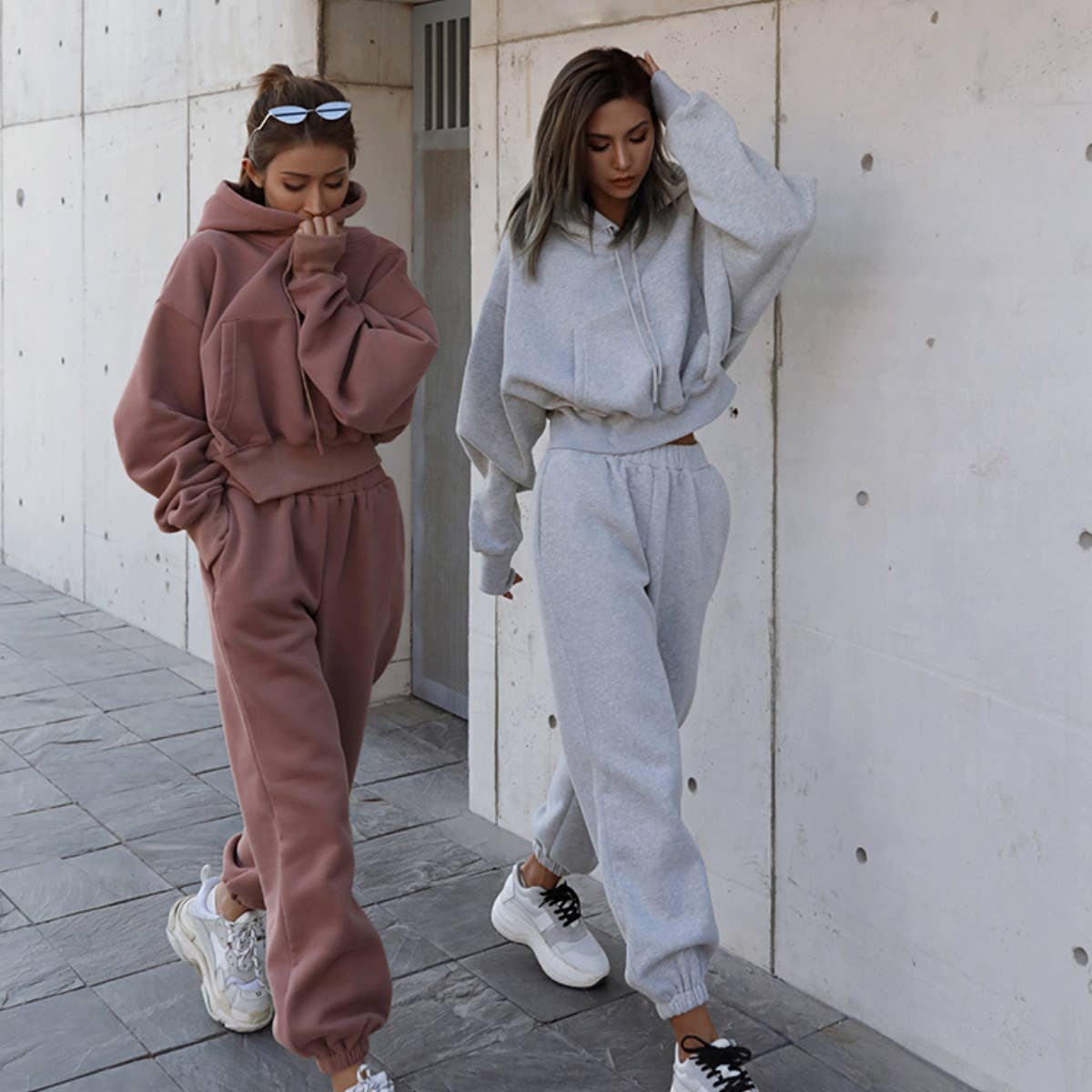 Sweetkama Ladies Solid Color Top and Pant Hoodie Daily Set: S / Light Grey