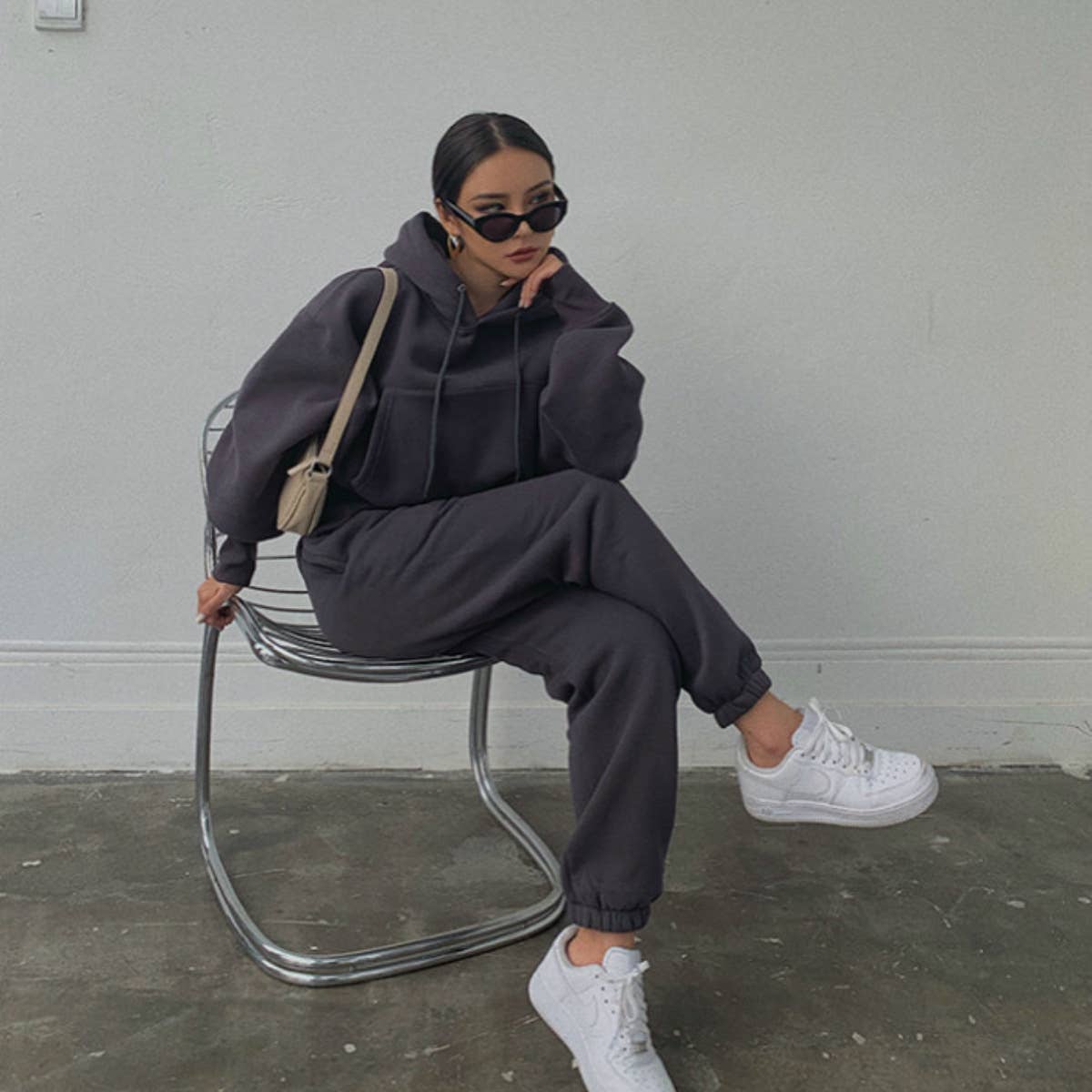 Sweetkama Ladies Solid Color Top and Pant Hoodie Daily Set: S / Light Grey