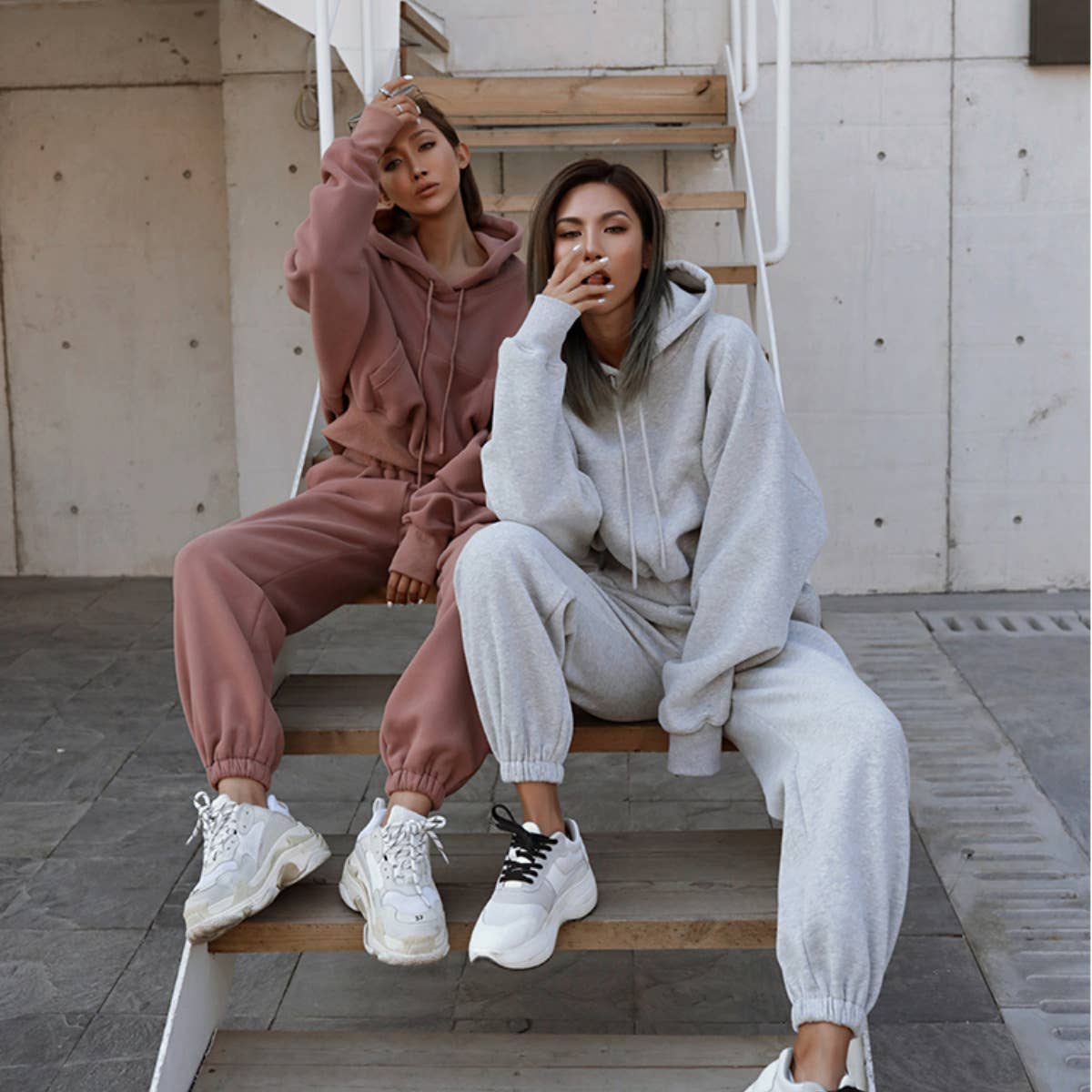Sweetkama Ladies Solid Color Top and Pant Hoodie Daily Set: S / Light Grey
