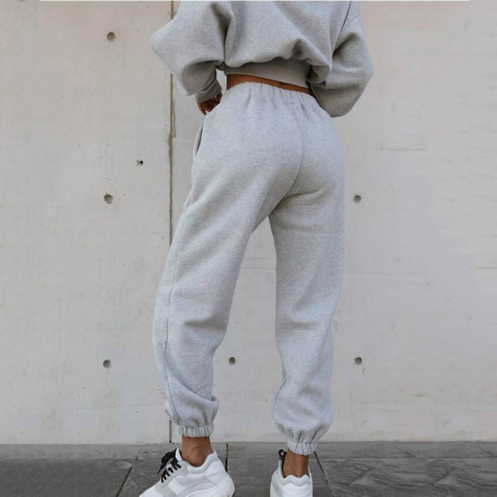 Sweetkama Ladies Solid Color Top and Pant Hoodie Daily Set: S / Light Grey