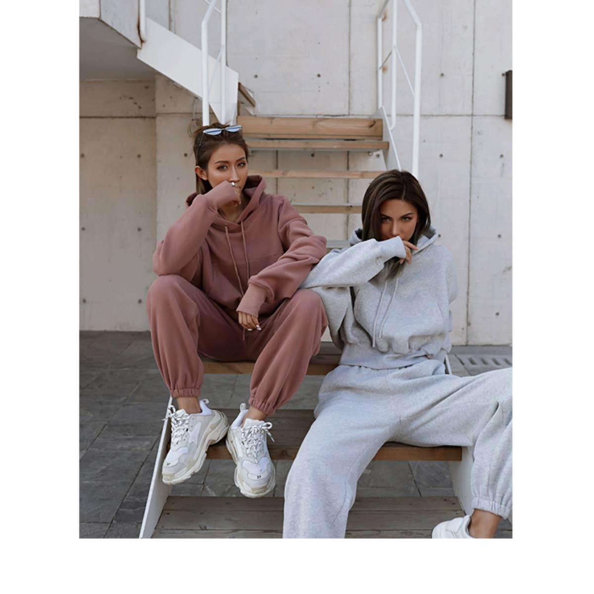 Sweetkama Ladies Solid Color Top and Pant Hoodie Daily Set: S / Light Grey