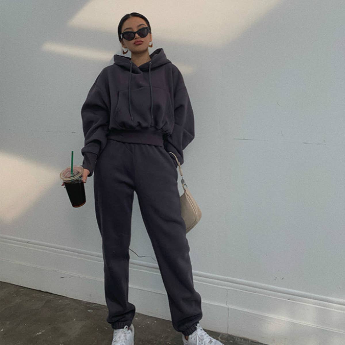 Sweetkama Ladies Solid Color Top and Pant Hoodie Daily Set: S / Light Grey