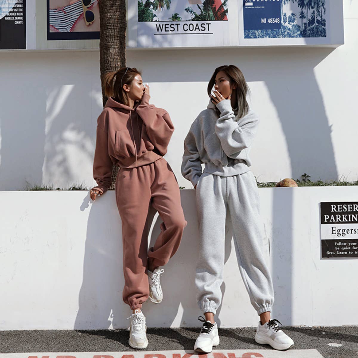 Sweetkama Ladies Solid Color Top and Pant Hoodie Daily Set: S / Light Grey