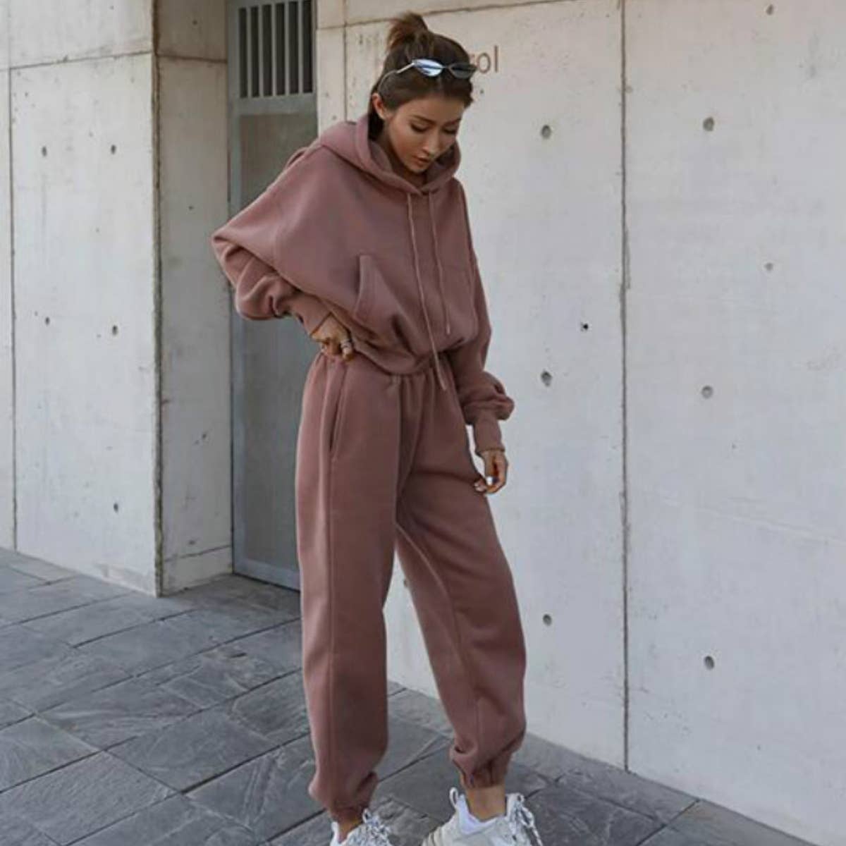 Sweetkama Ladies Solid Color Top and Pant Hoodie Daily Set: S / Light Grey