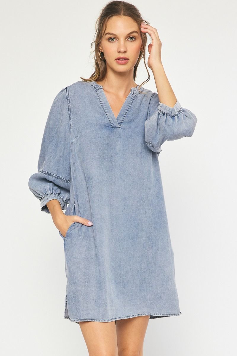 womens denim tunic dress Rivka Pocketed Button up Denim Tunic Dress