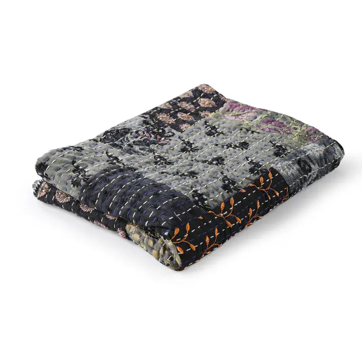 Gray Haze Quilted Boho Kantha Throw