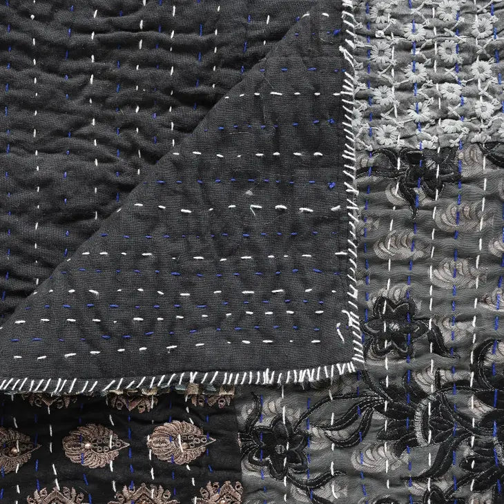 Gray Haze Quilted Boho Kantha Throw
