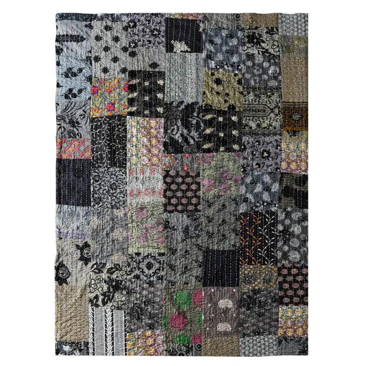 Gray Haze Quilted Boho Kantha Throw
