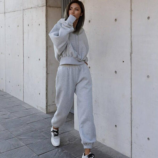 Sweetkama Ladies Solid Color Top and Pant Hoodie Daily Set: S / Light Grey